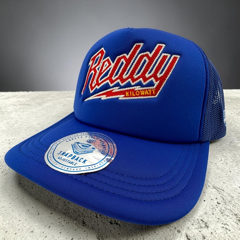Reddy Kilowatt Trucker Hat Blue Mesh Snapback Ebbets Field Flannels DNA Cap NEW